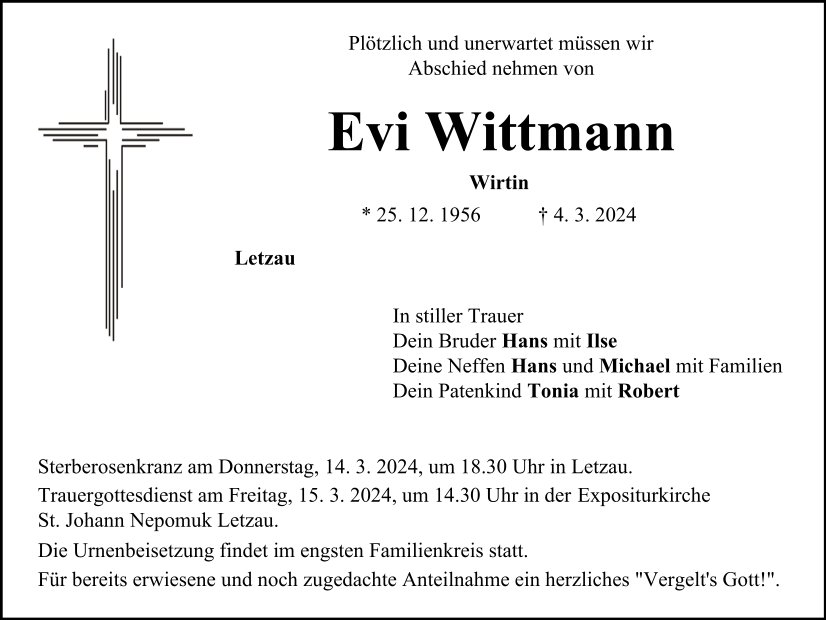 Traueranzeige Evi Wittmann, Letzau