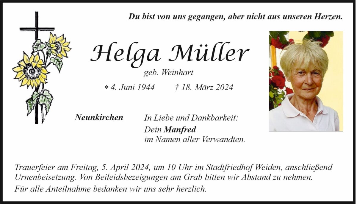 Traueranzeige Helga Müller, Neunkirchen