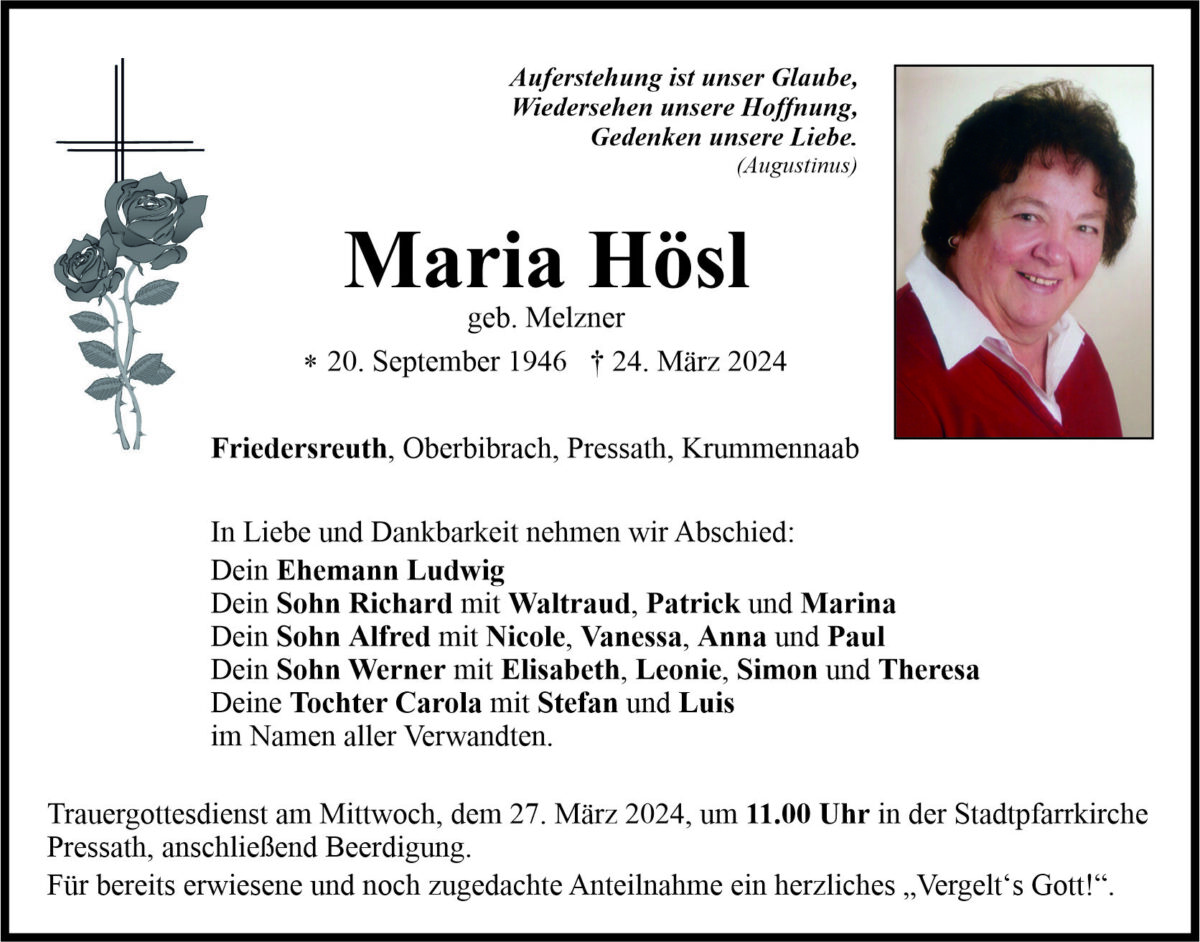 Traueranzeige Maria Hösl, Friedersreuth