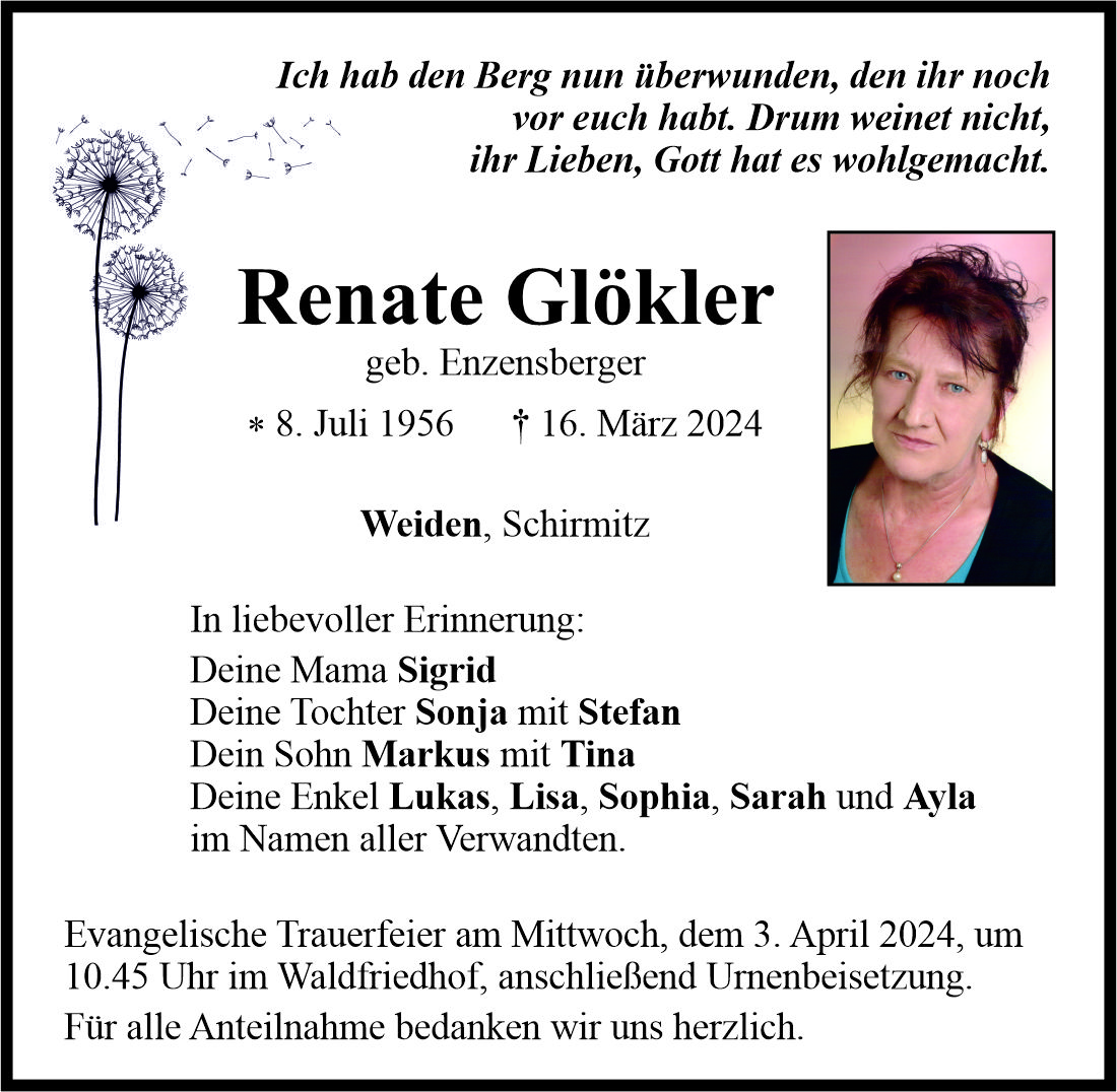 Traueranzeige Renate Glökler, Weiden
