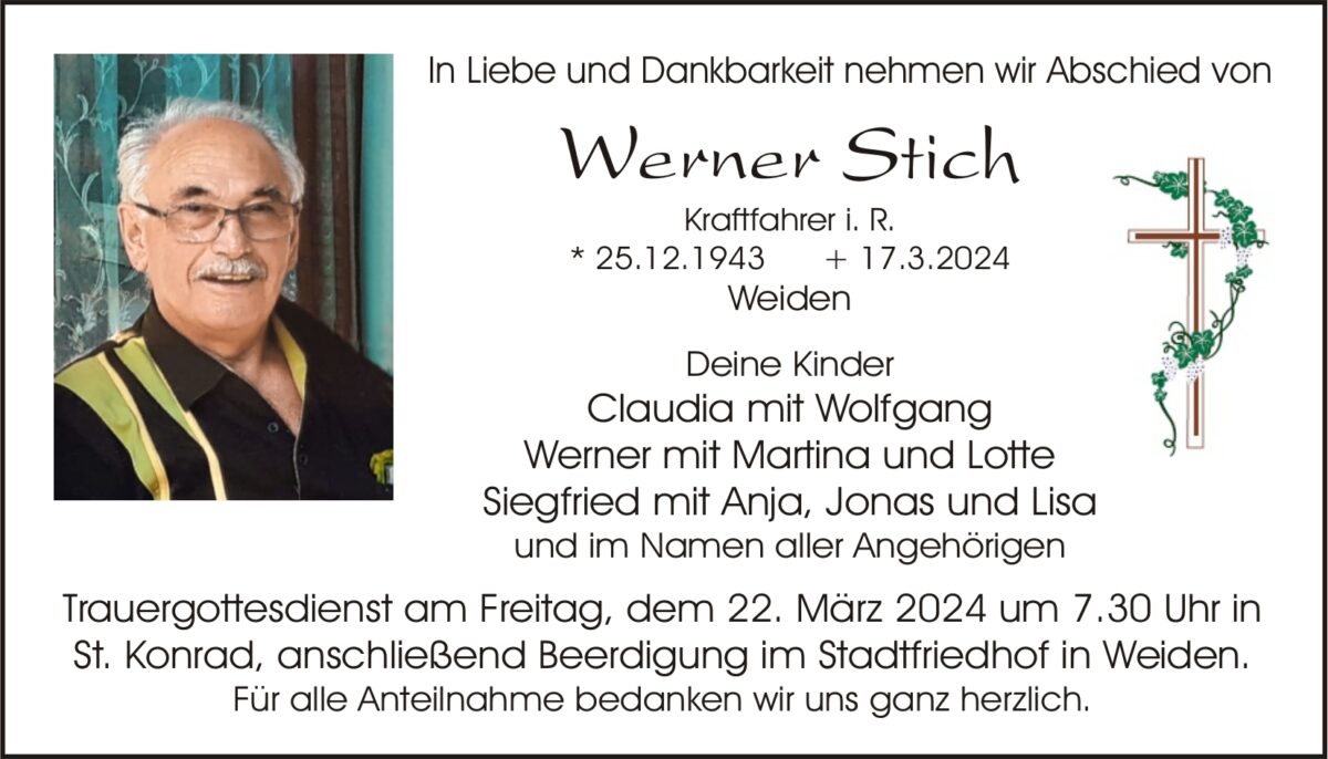 Traueranzeige Werner Stich, Weiden