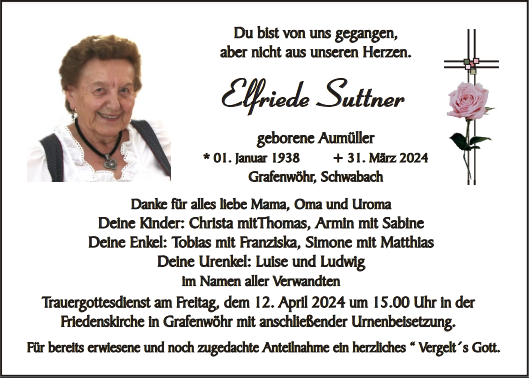 Traueranzeige Elfriede Suttner, Grafenwöhr