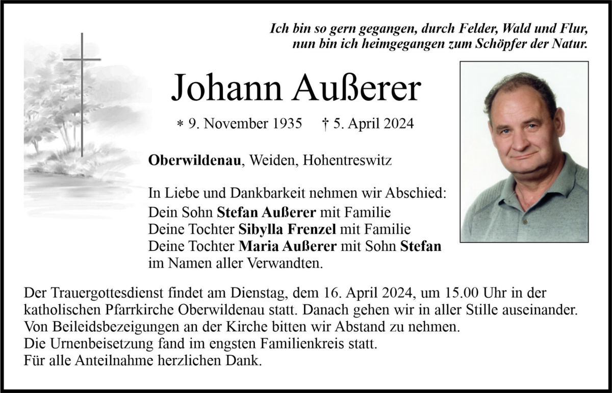 Traueranzeige Johann Außerer, Oberwildenau