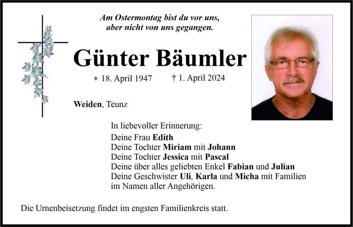 Traueranzeige Günter Bäumler, Weiden