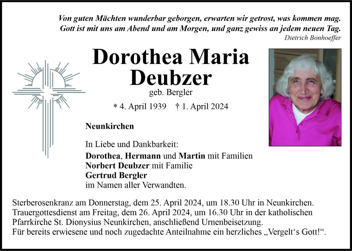 Traueranzeige Dorothea Maria Deubzer, Neunkirchen