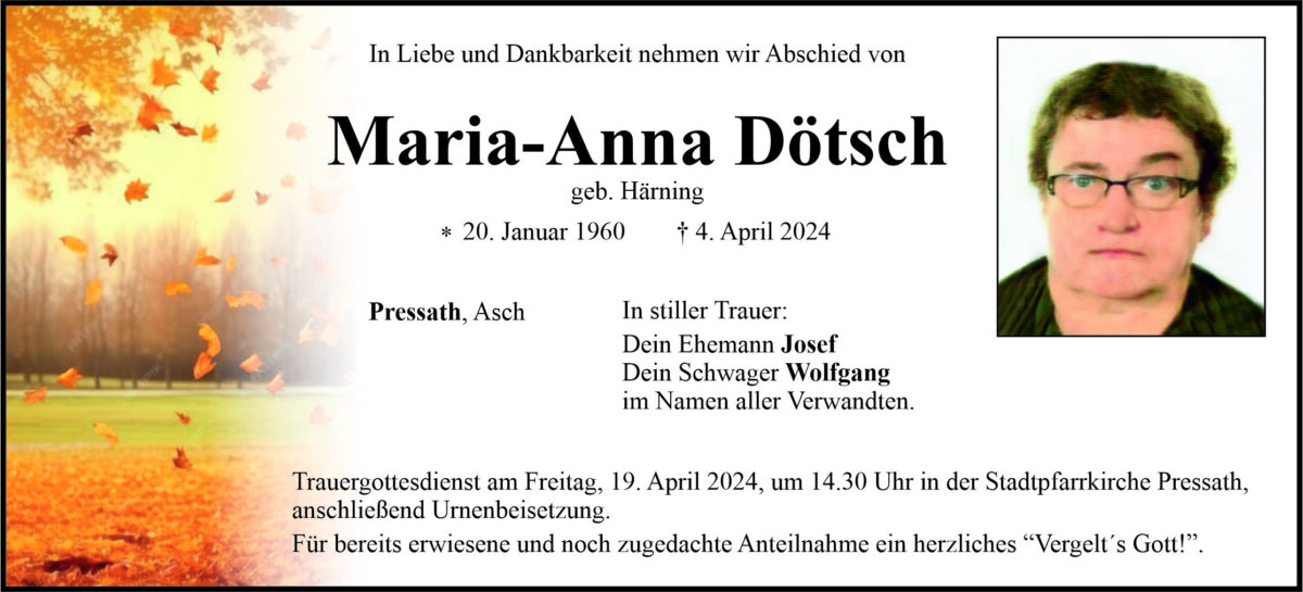 Traueranzeige Maria-Anna Dötsch, Pressath