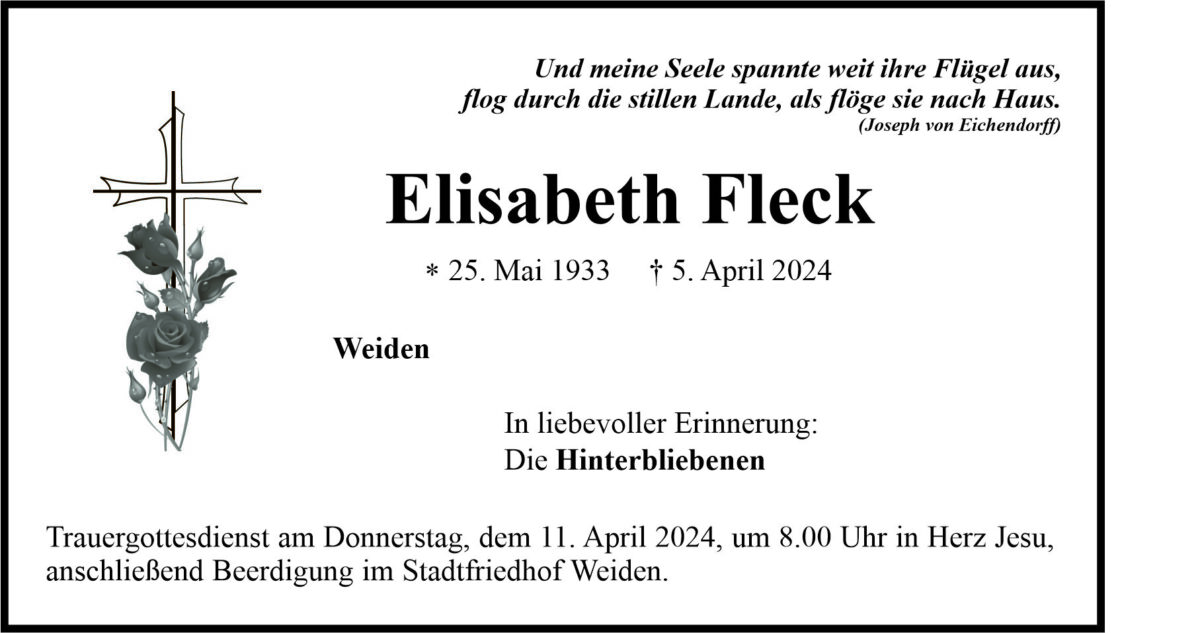 Traueranzeige Elisabeth Fleck, Weiden