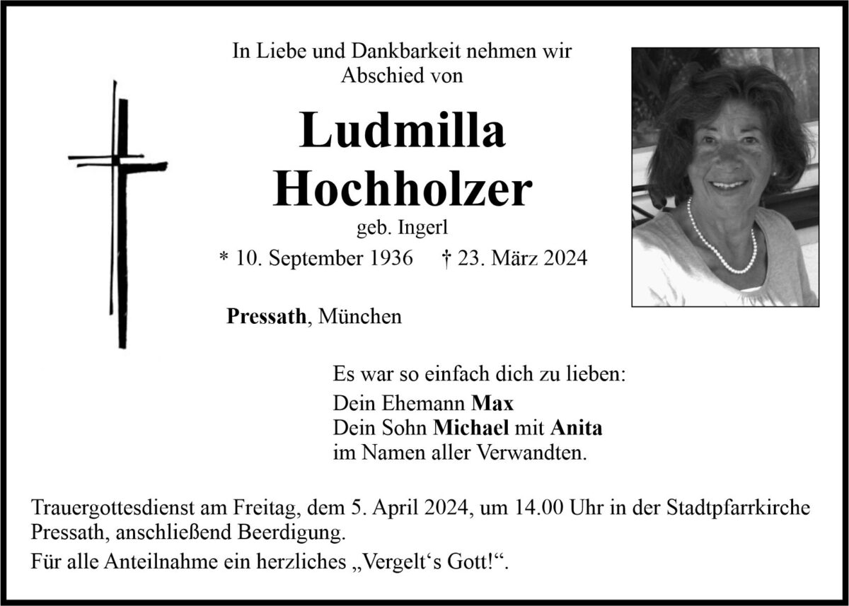 Traueranzeige Ludmilla Hochholzer, Pressath
