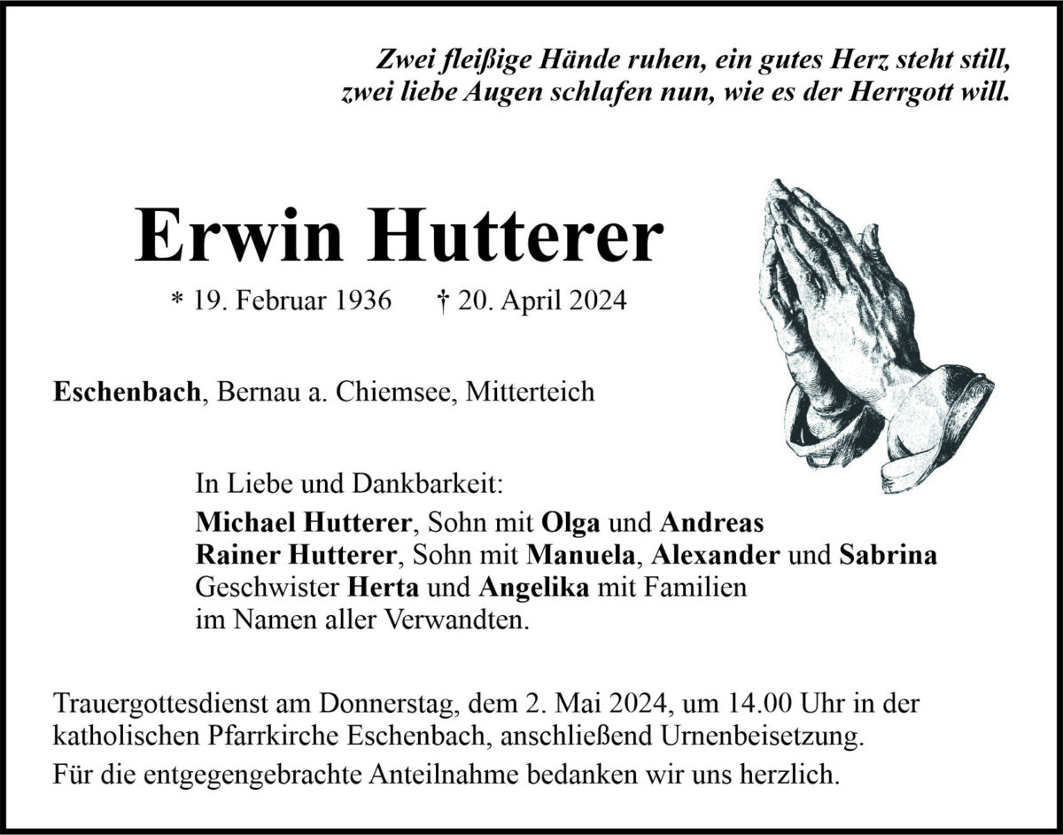 Traueranzeige Erwin Hutterer, Eschenbach