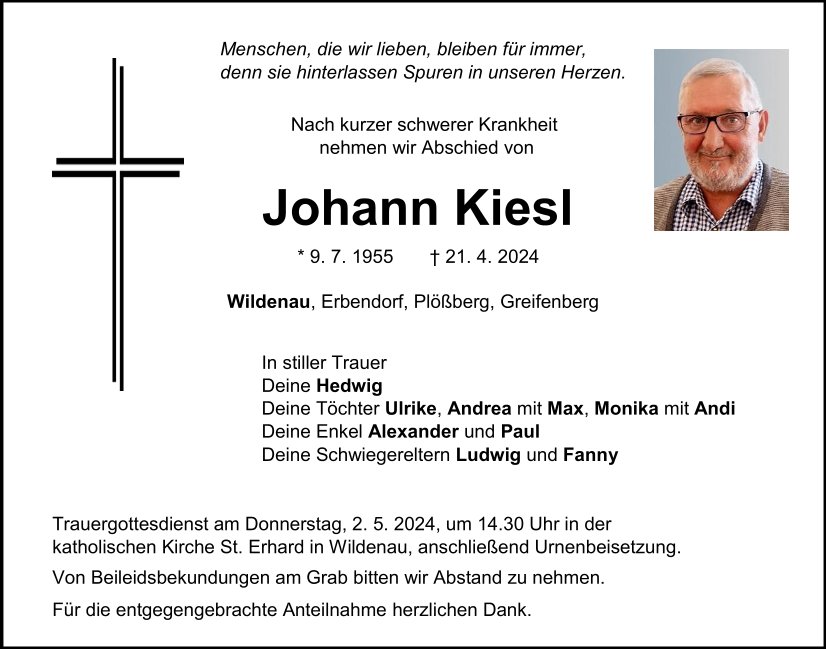 Traueranzeige Johann Kiesl, Wildenau