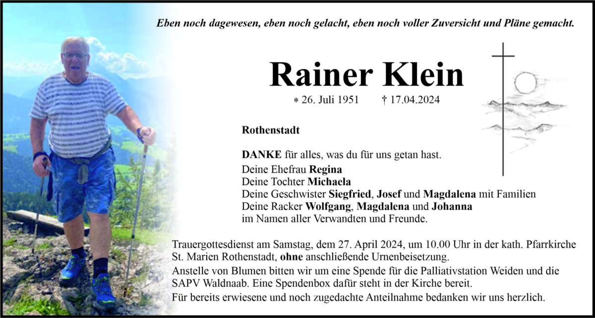 Traueranzeige Rainer Klein, Rothenstadt