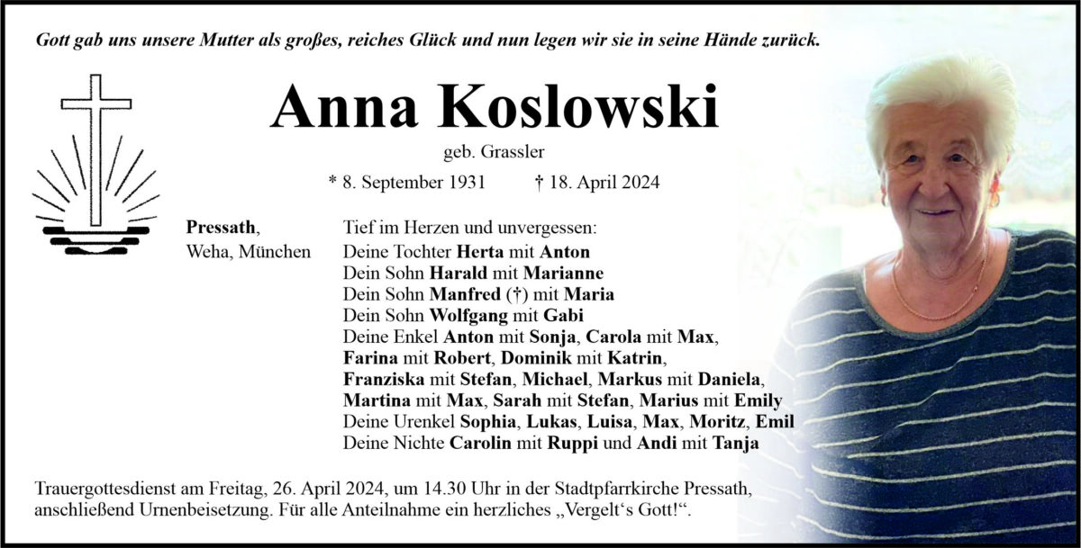 Traueranzeige Anna Koslowski, Pressath