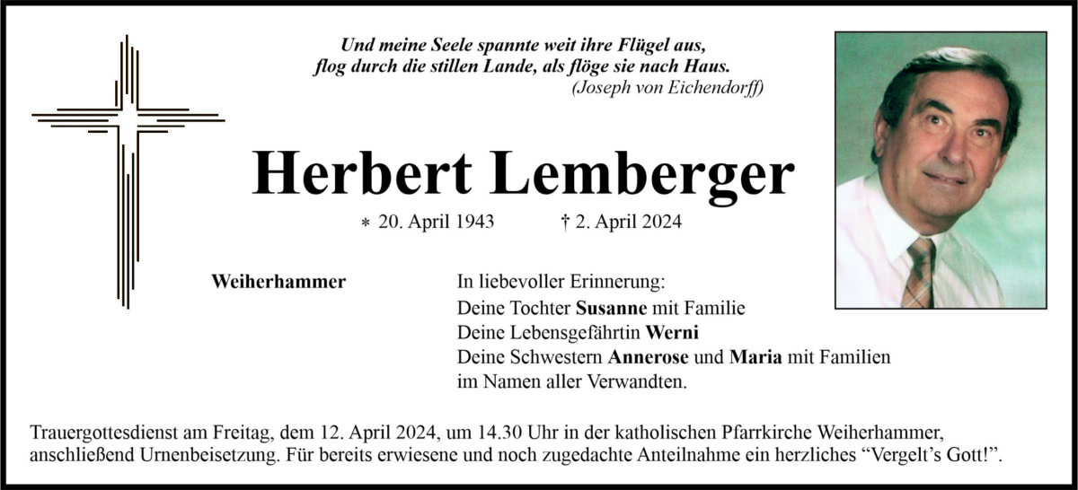 Traueranzeige Herbert Lemberger, Weiherhammer