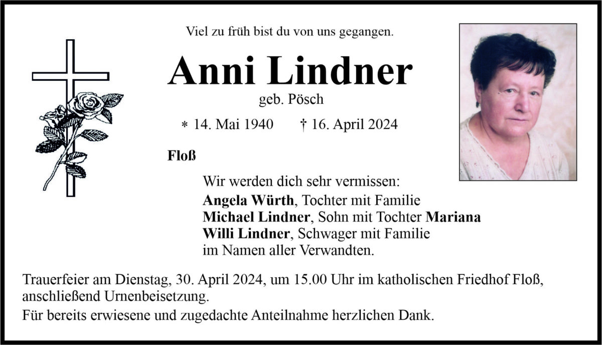 Traueranzeige Anni Lindner, Floß
