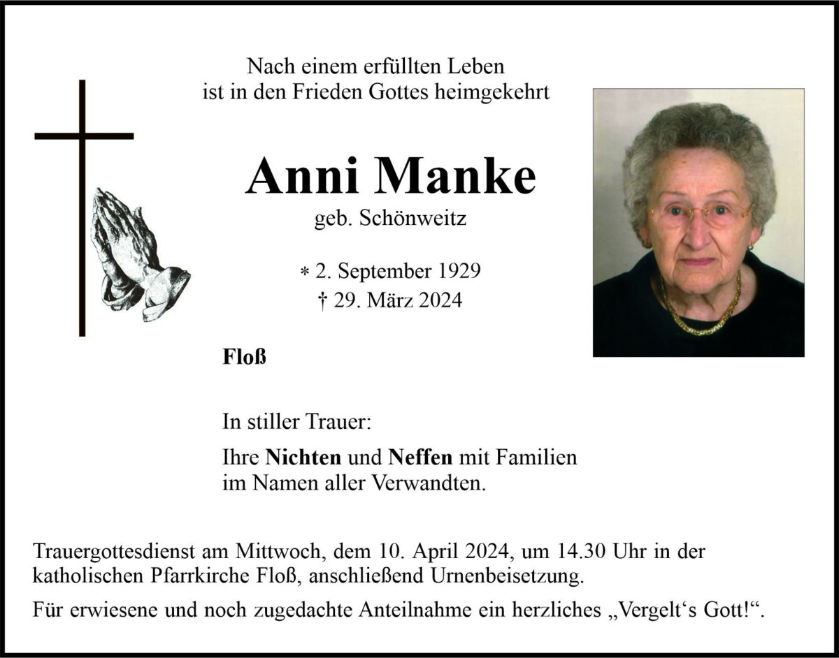 Traueranzeige Anni Manke, Floß