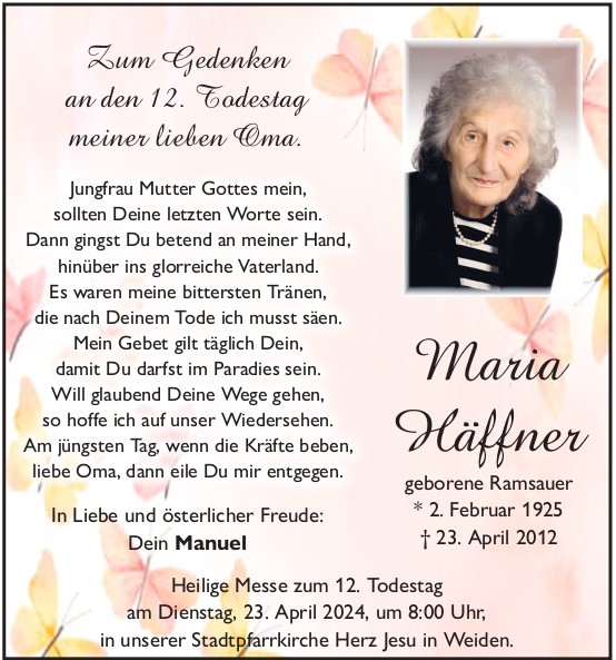 Gedenkanzeige Maria Häffner, Weiden