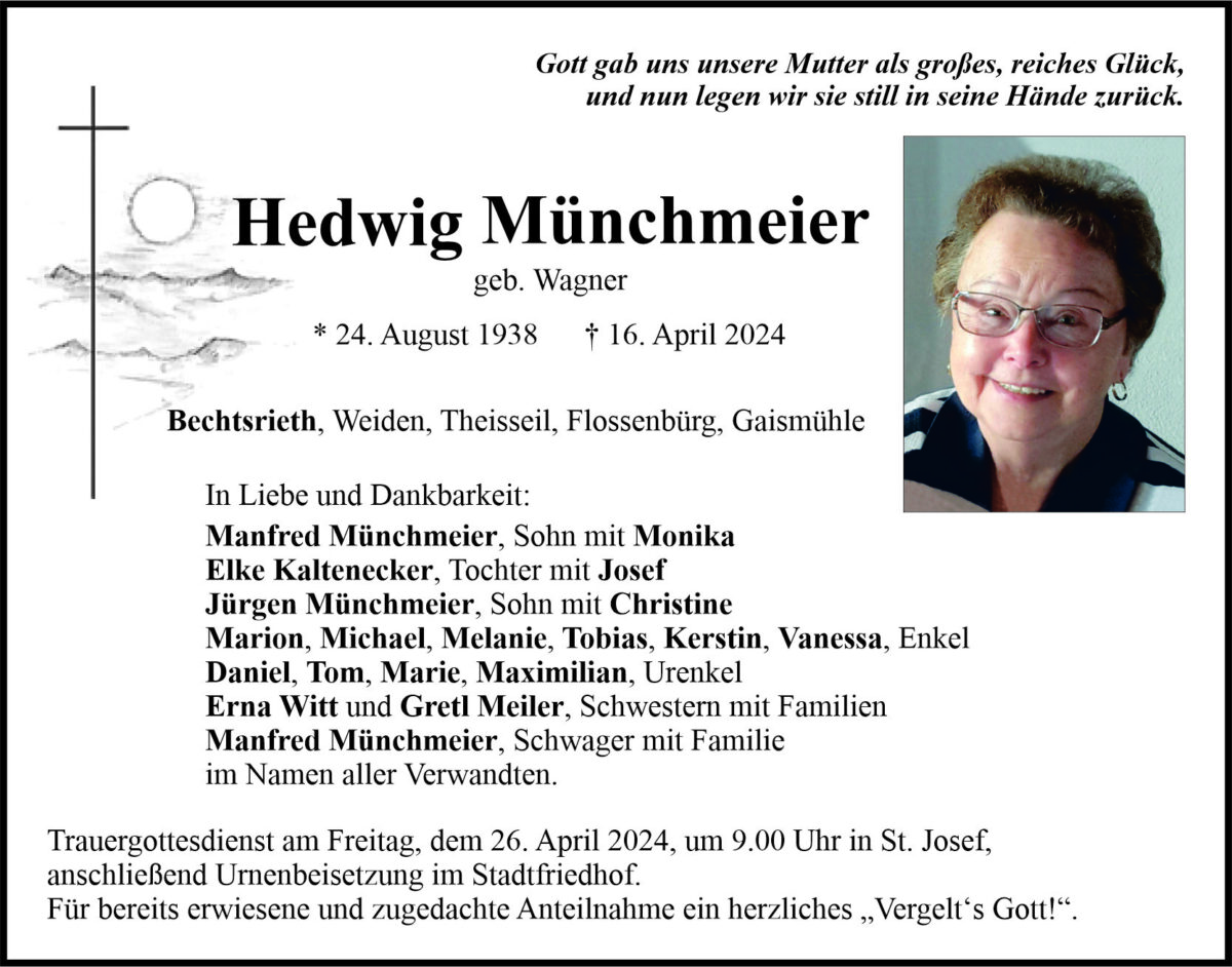 Traueranzeige Hedwig Münchmeier, Bechtsrieth