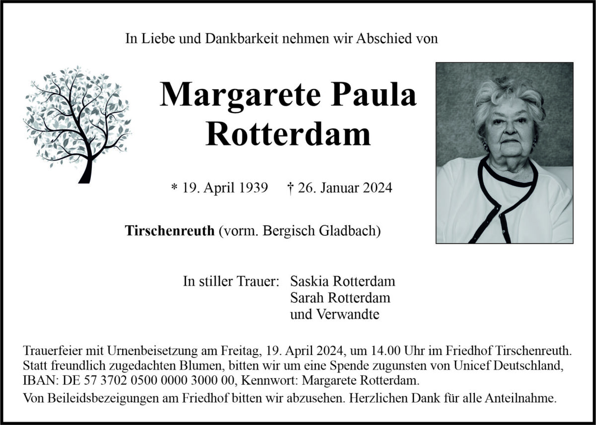 Traueranzeige Margarete Paula Rotterdam, Tirschenreuth