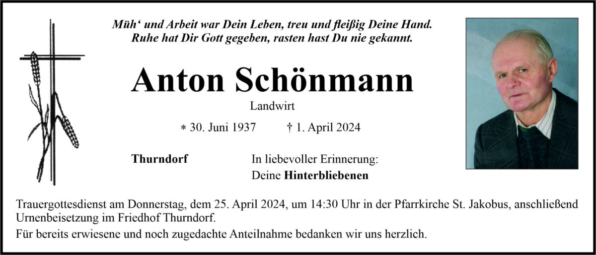 Traueranzeige Anton Schönmann, Thurndorf