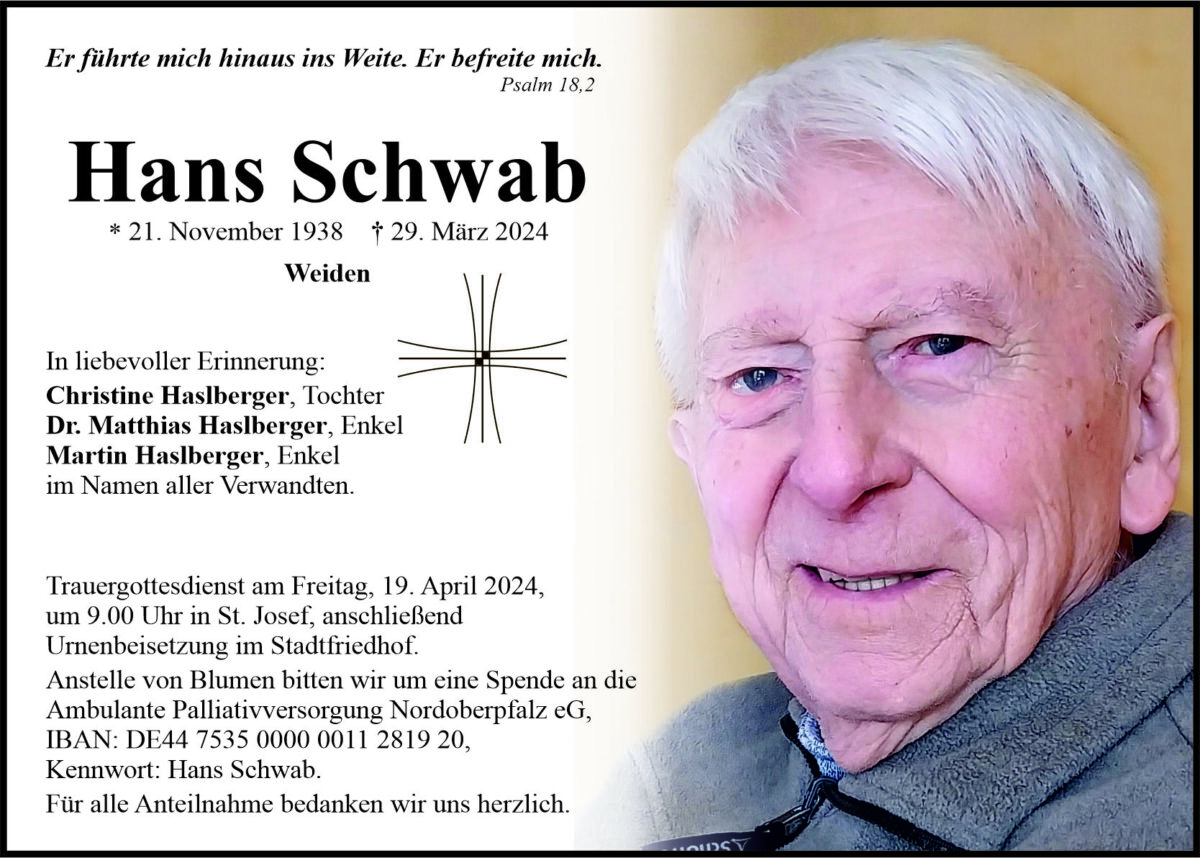 Traueranzeige Hans Schwab, Weiden