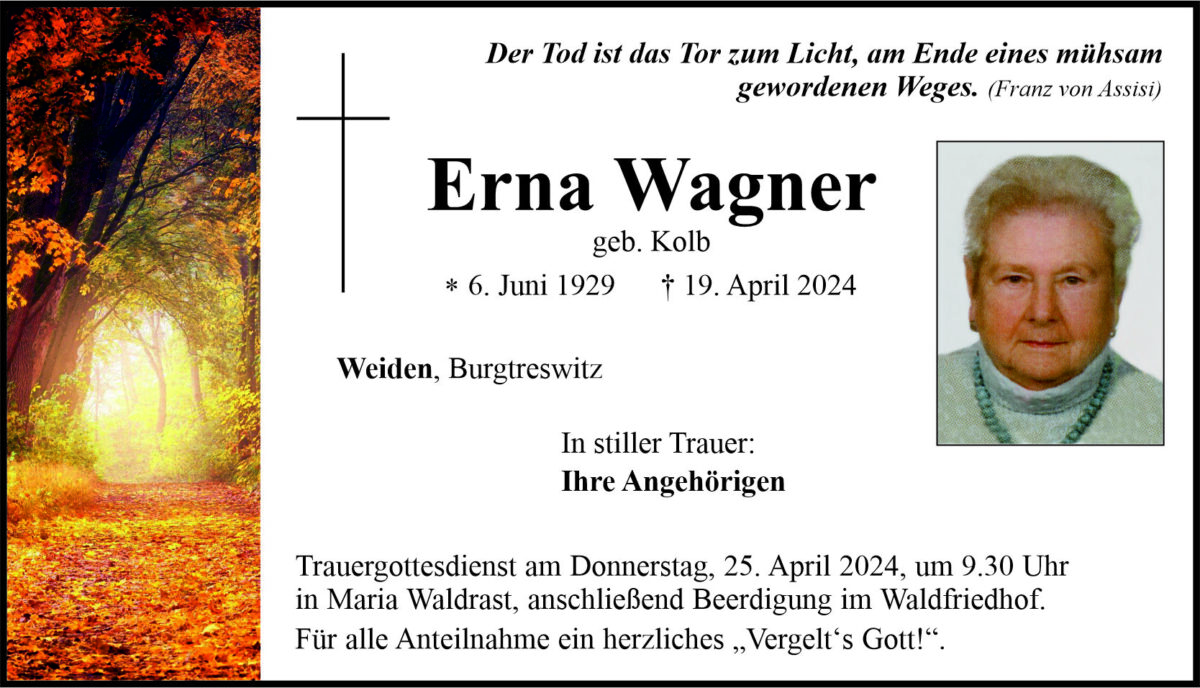 Traueranzeige Erna Wagner, Weiden