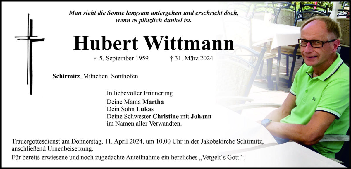 Traueranzeige Hubert Wittmann, Schirmitz