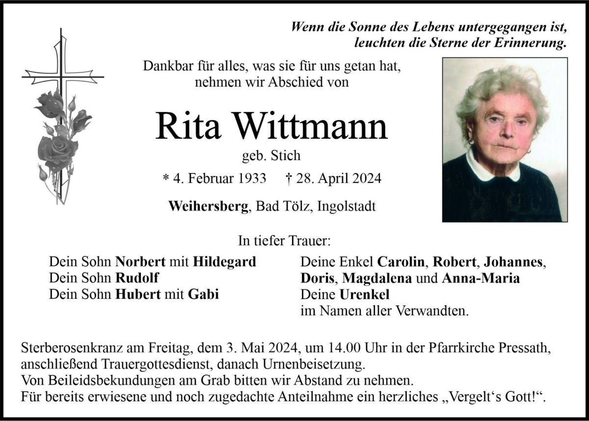 Traueranzeige Rita Wittmann, Weihersberg