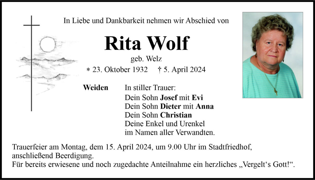Traueranzeige Rita Wolf, Weiden