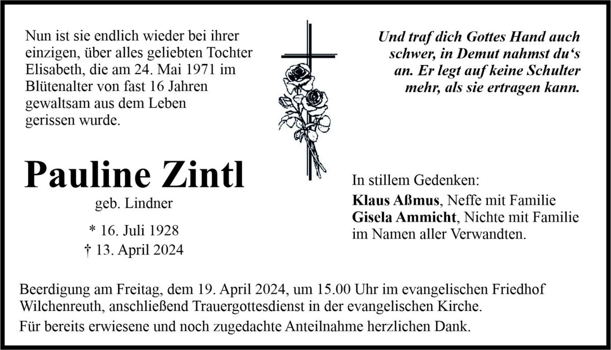 Traueranzeige Pauline Zintl, Wilchenreuth