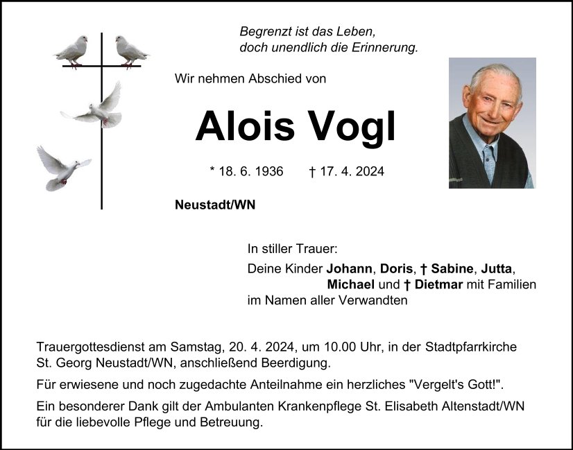 Traueranzeige Alois Vogl, Neustadt/WN