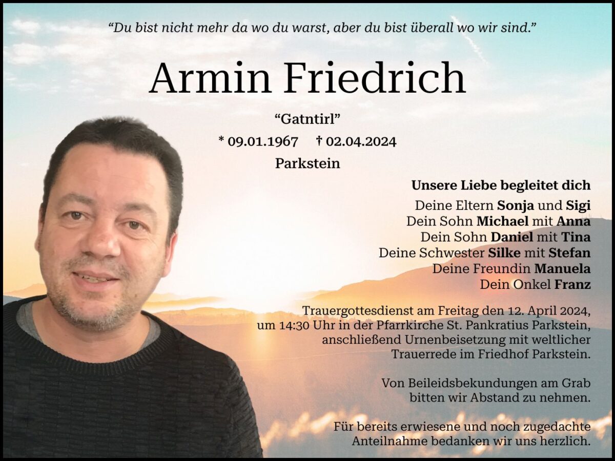Traueranzeige Armin Friedrich, Parkstein