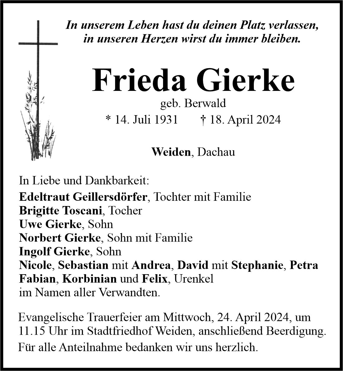 Traueranzeige Frieda Gierke, Weiden