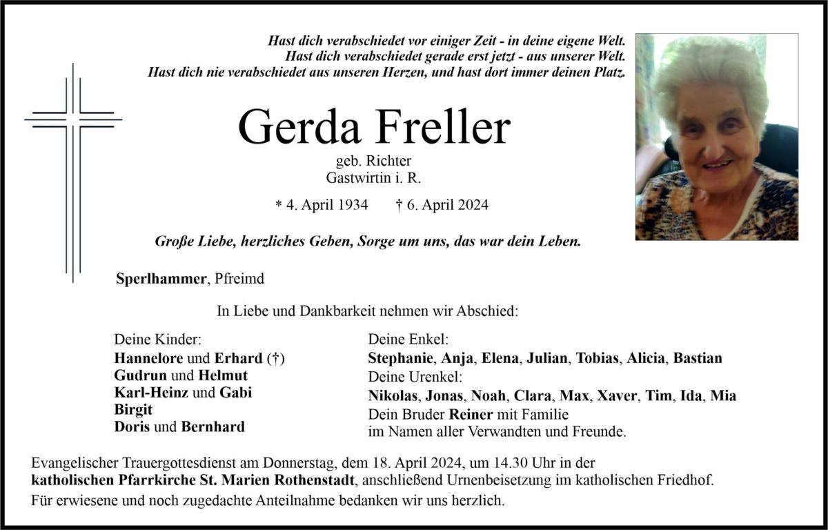 Traueranzeige Gerda Freller, Sperlhammer