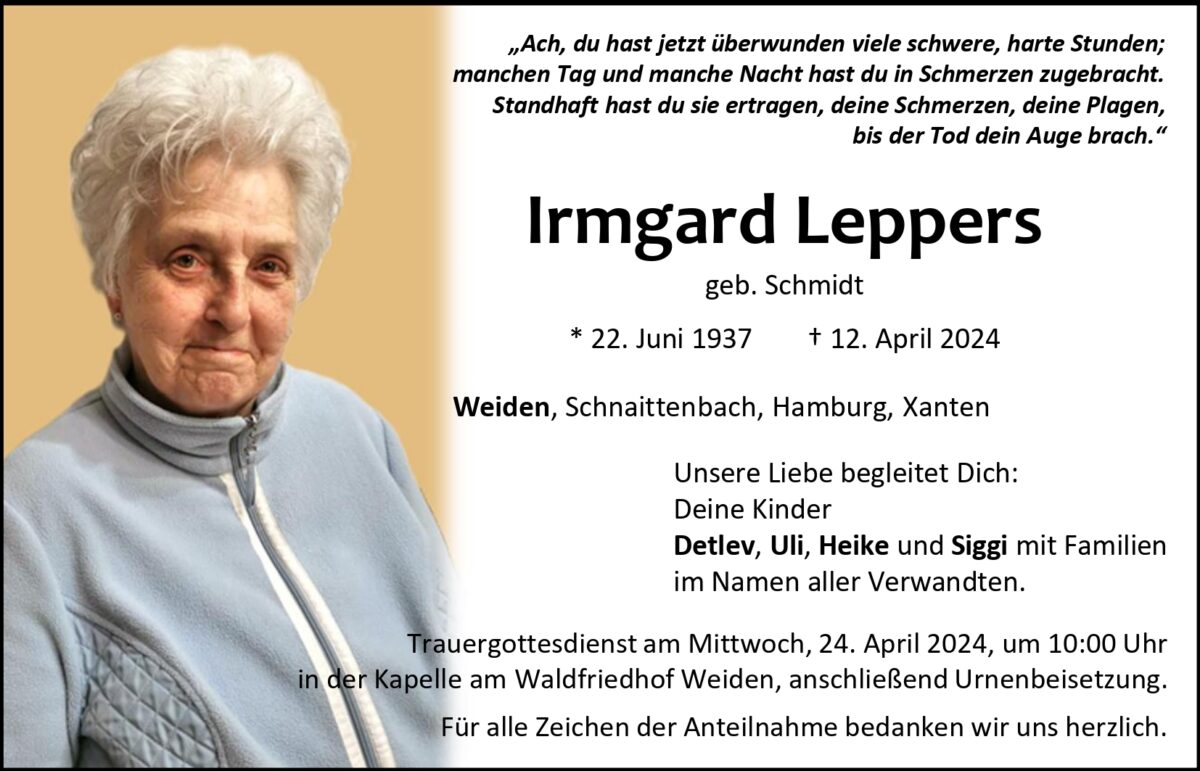 Traueranzeige Irmgard Leppers, Weiden
