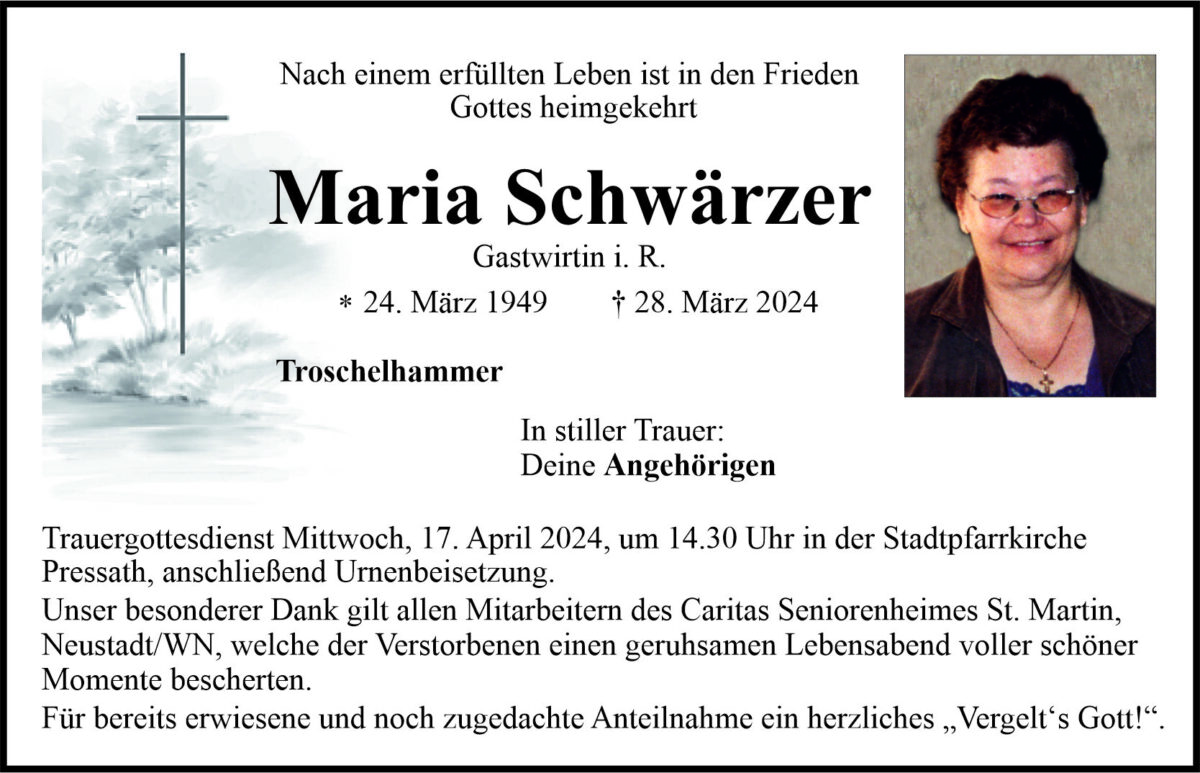 Traueranzeige Maria Schwärzer, Troschelhammer
