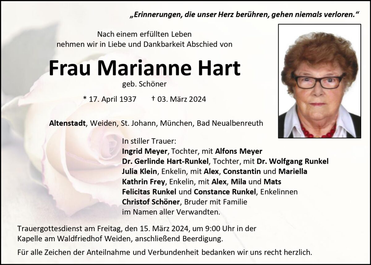Traueranzeige Marianne Hart, Altenstadt/WN