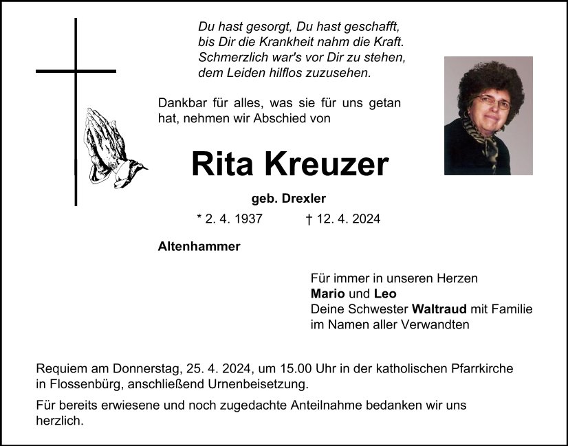 Traueranzeige Rita Kreuzer, Altenhammer