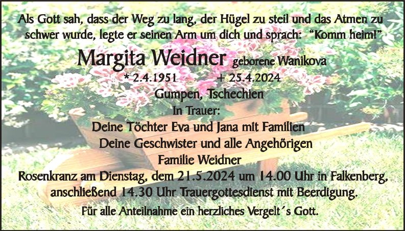 Traueranzeige Margita Weidner, Gumpen