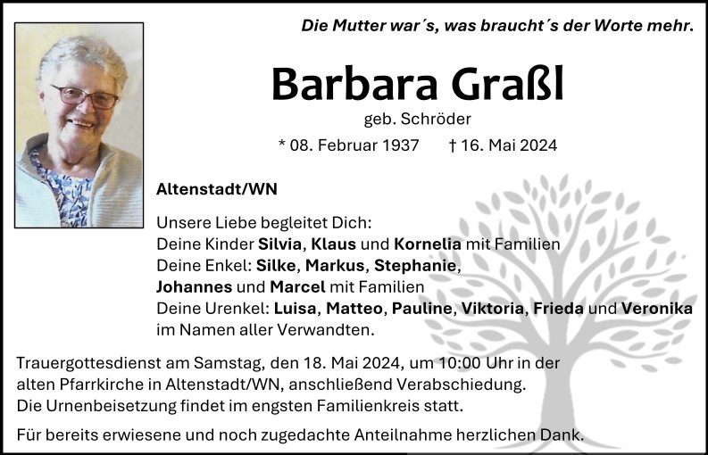 Traueranzeige Barbara Graßl, Altenstadt/WN