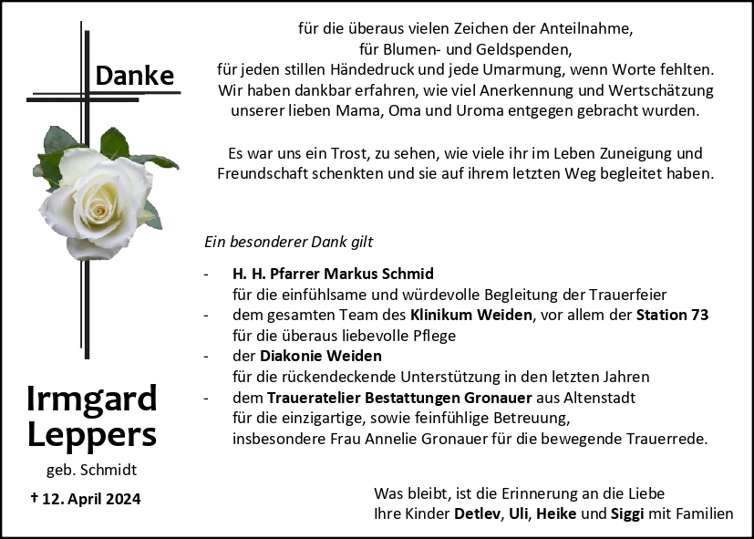 Danksagung Irmgard Leppers