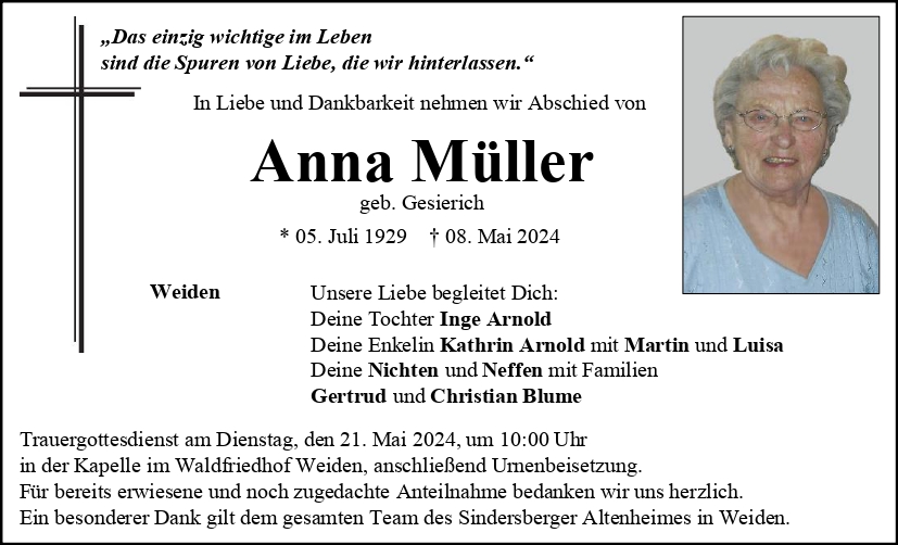 Traueranzeige Anna Müller, Weiden