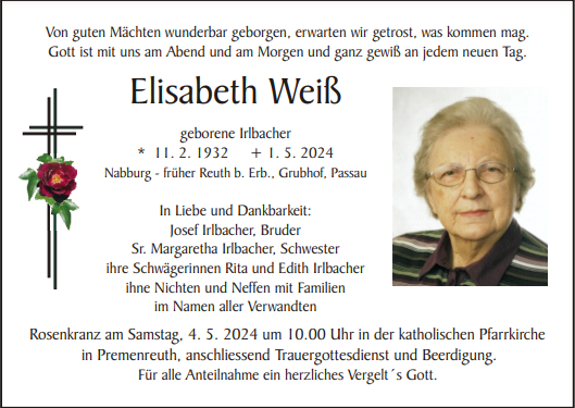 Traueranzeige Elisabeth Weiß, Nabburg