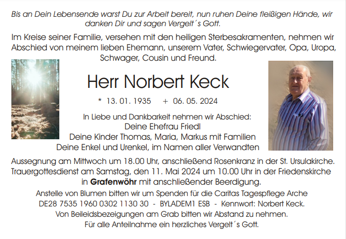 Traueranzeige Norbert Keck, Grafenwöhr