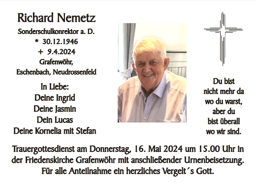 Traueranzeige Richard Nemetz, Grafenwöhr