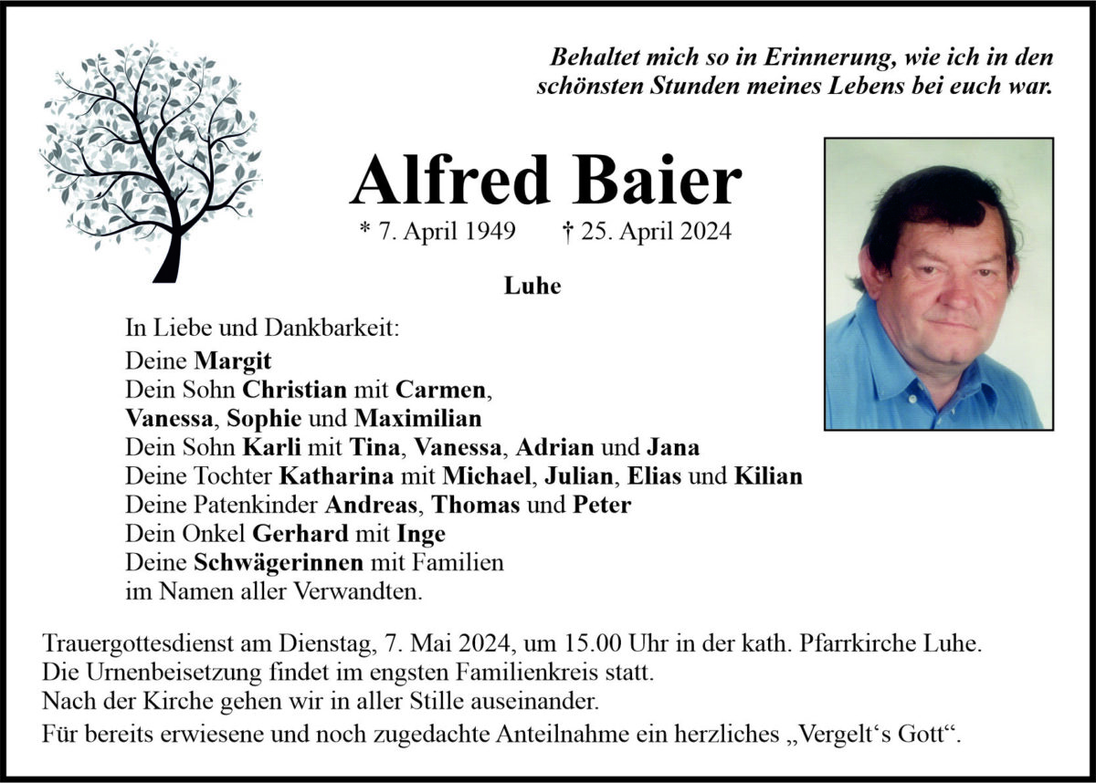Traueranzeige Alfred Baier, Luhe
