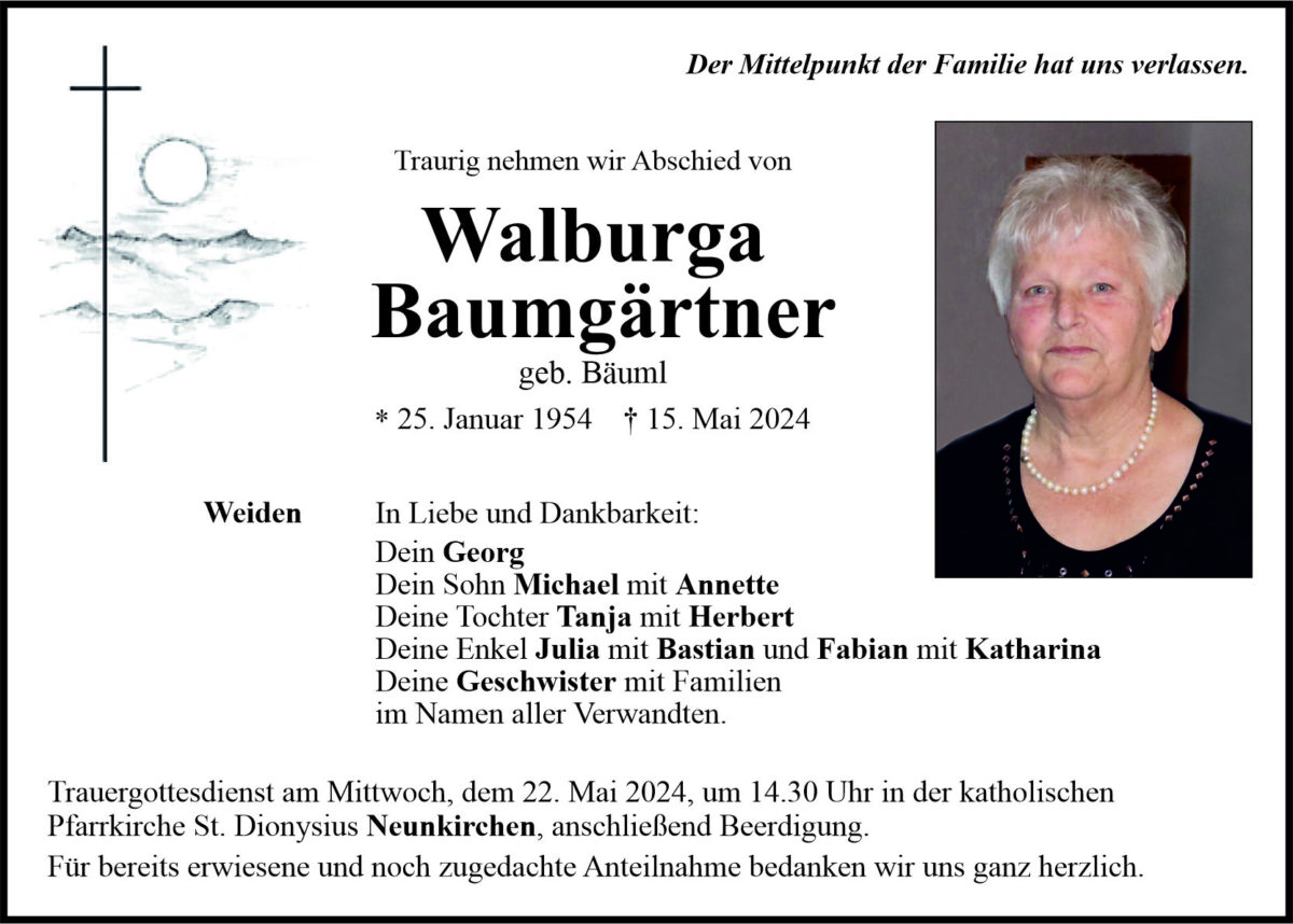Traueranzeige Walburga Baumgärtner, Weiden