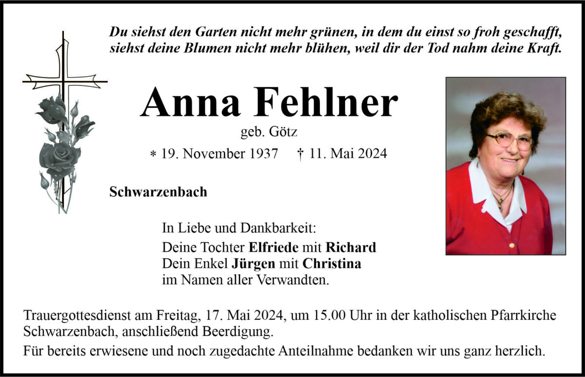 Traueranzeige Anna Fehlner, Schwarzenbach