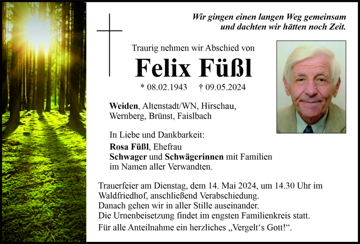 Traueranzeige Felix Füßl, Weiden