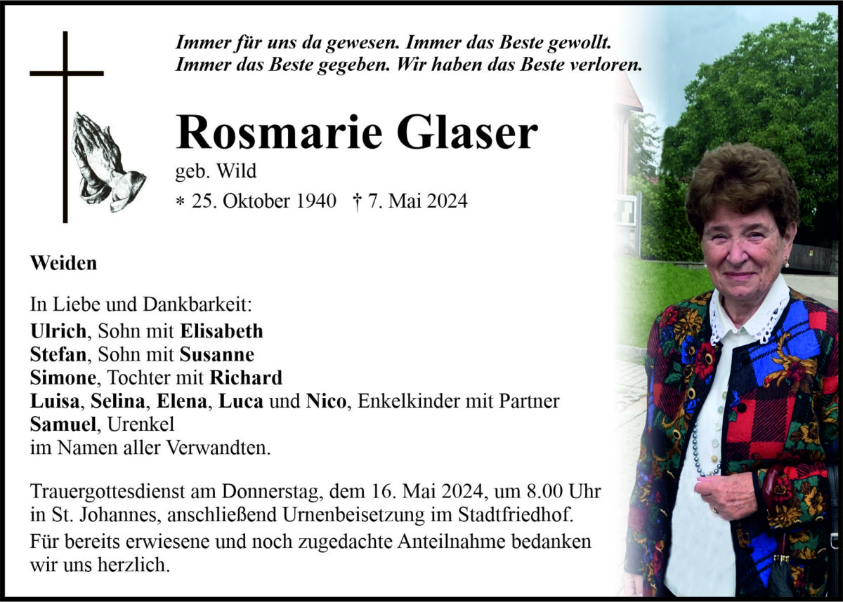 Traueranzeige Rosmarie Glaser, Weiden