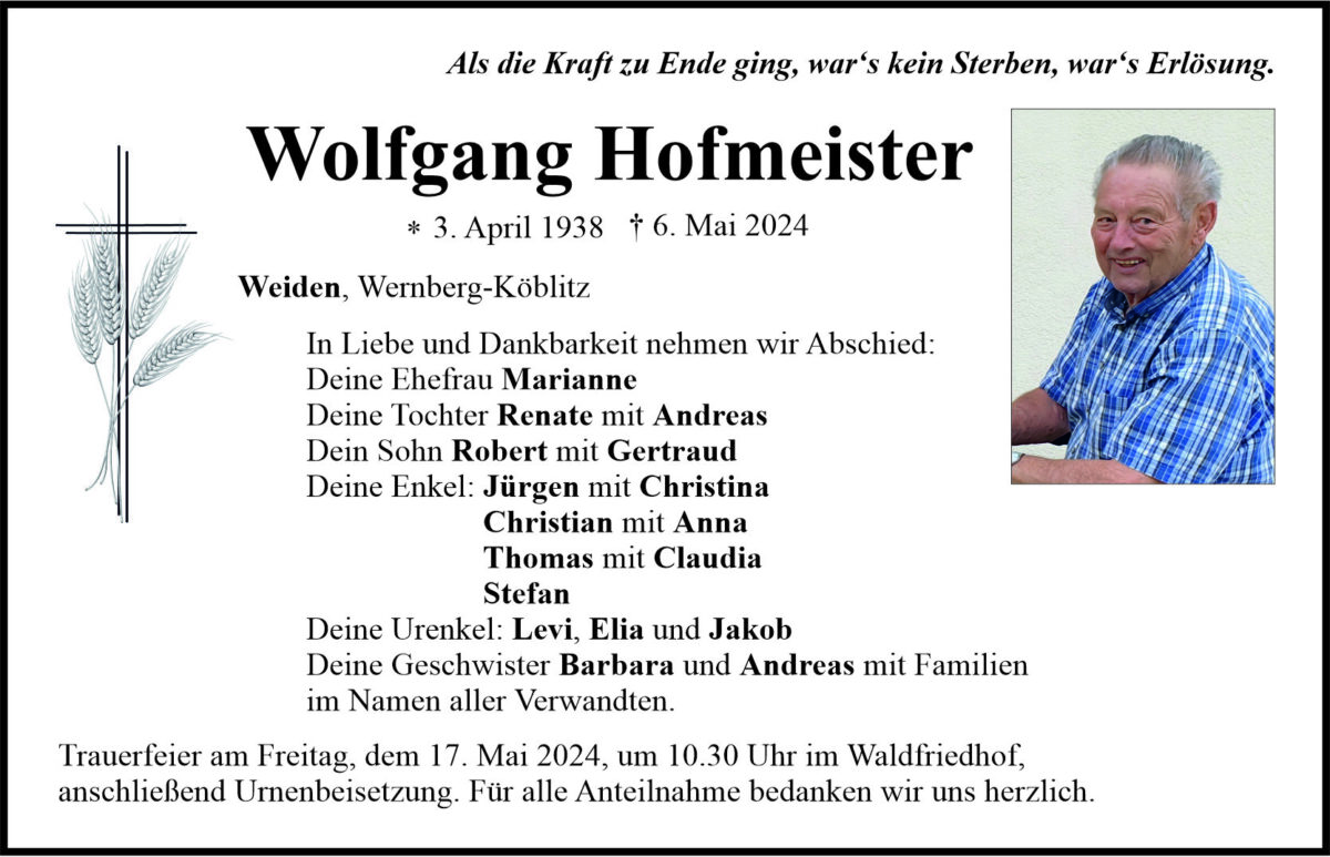 Traueranzeige Wolfgang Hofmeister, Weiden